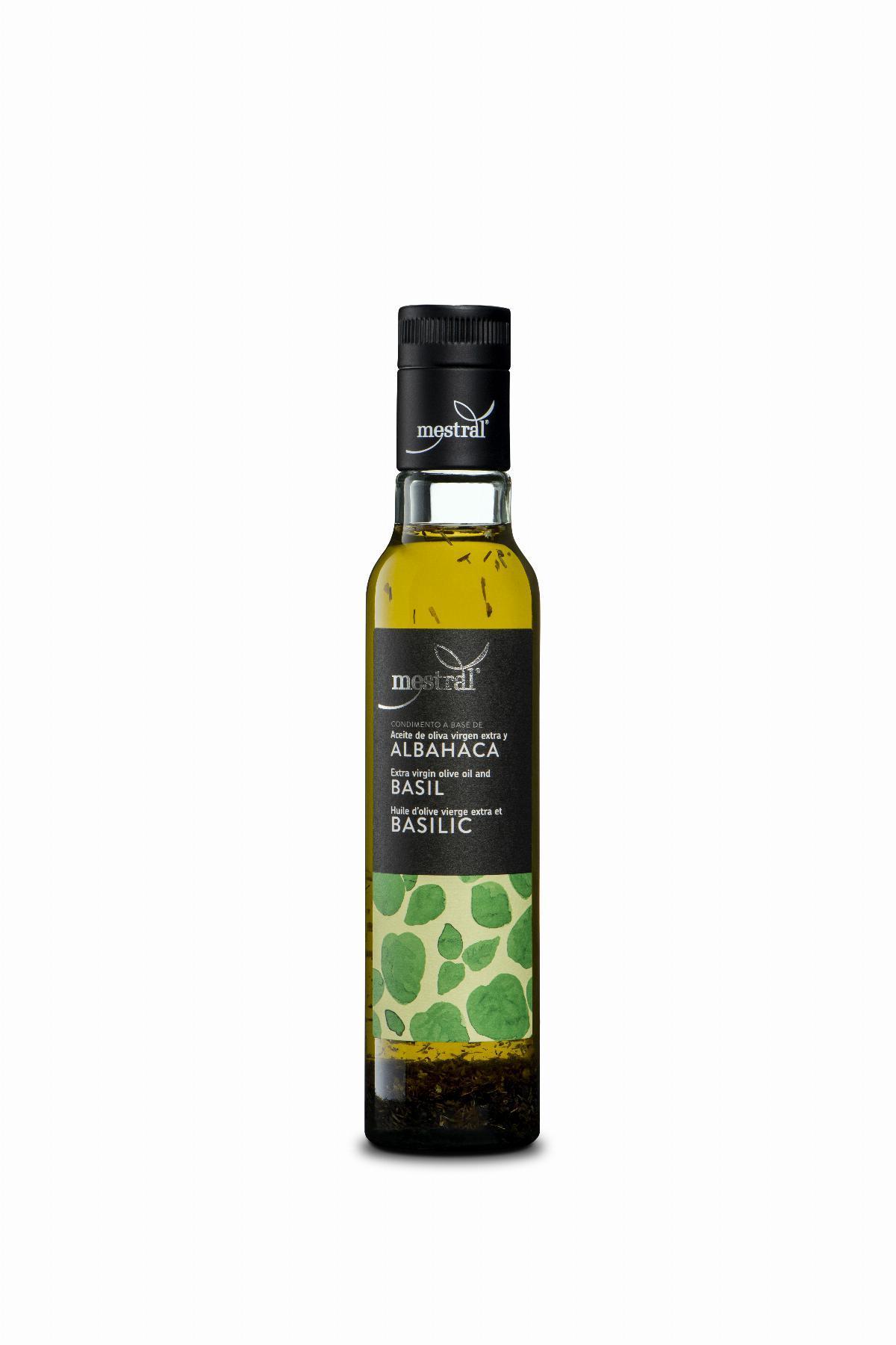 Huile d'olive et Condiments - Oli d'Oliva Verge Extra Mestral amb Alfàbrega, ampolla Dòrica transparent, 250ml, ES-EN-FR - Mestral Cambrils