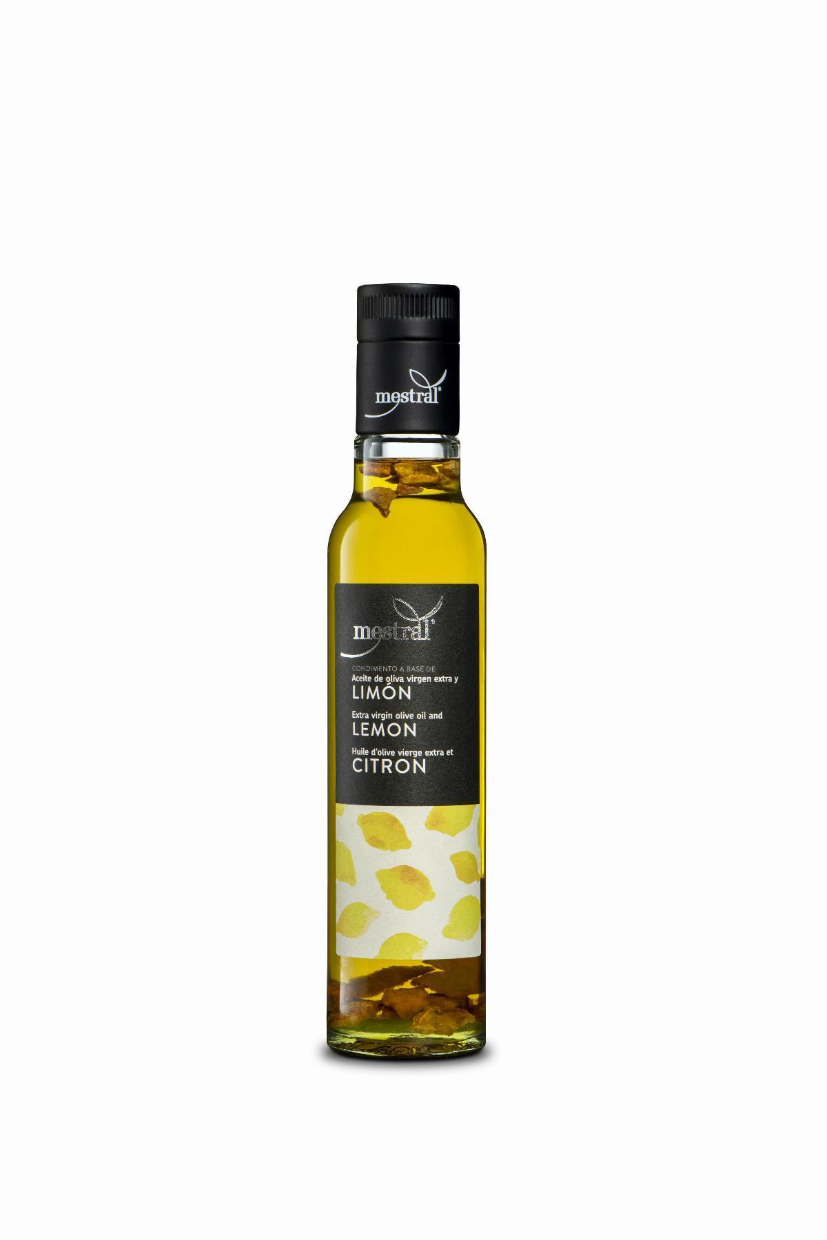 Aceites y Condimentos - Oli d'Oliva Verge Extra Mestral amb Llimona, ampolla Dòrica transparent, 250ml, ES-EN-FR - Mestral Cambrils