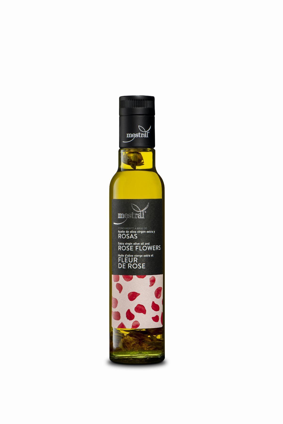 Huile d'olive et Condiments - Oli d'Oliva Verge Extra Mestral amb Roses, ampolla Dòrica transparent, 250ml, ES-EN-FR - Mestral Cambrils