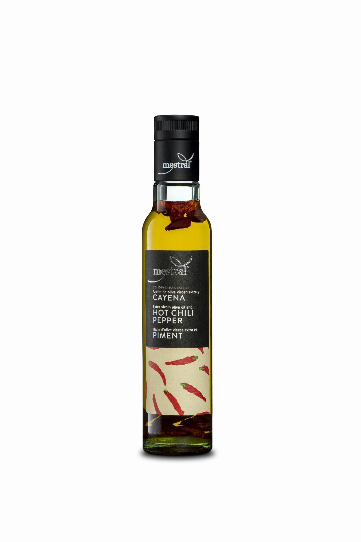 Olive Oil & Seasonings - Oli d'oliva verge extra Mestral amb Caiena+ Hot Chili+Piment Dor. 250ml. - Mestral Cambrils